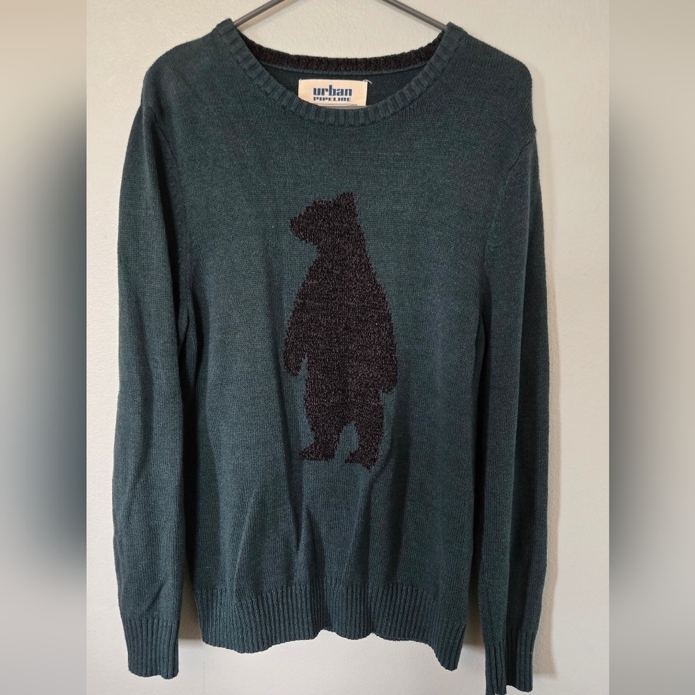 Urban Pipeline Crew Neck Sweater Green Black Bear Knit Long Sleeve Size Large